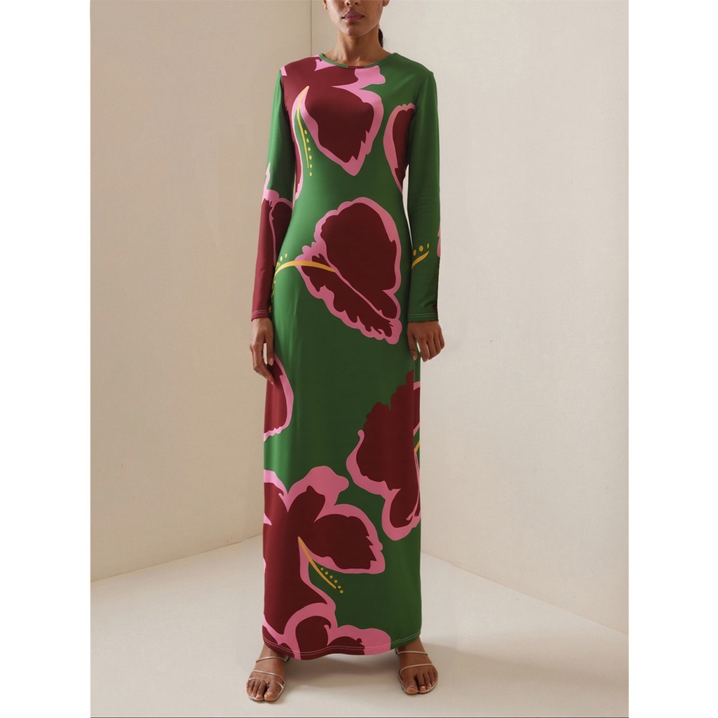 Fashion Women Bold Pink Red Flower Printed Tight Long Dress Round Neck Full Sleeve Side Split Fitted Maxi Dress For Evening Gown #4