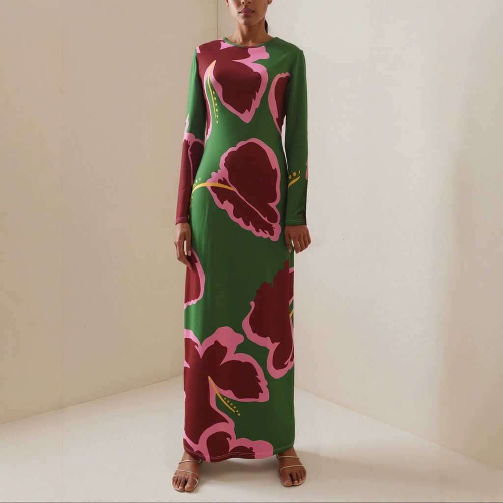 Fashion Women Bold Pink Red Flower Printed Tight Long Dress Round Neck Full Sleeve Side Split Fitted Maxi Dress For Evening Gown #5