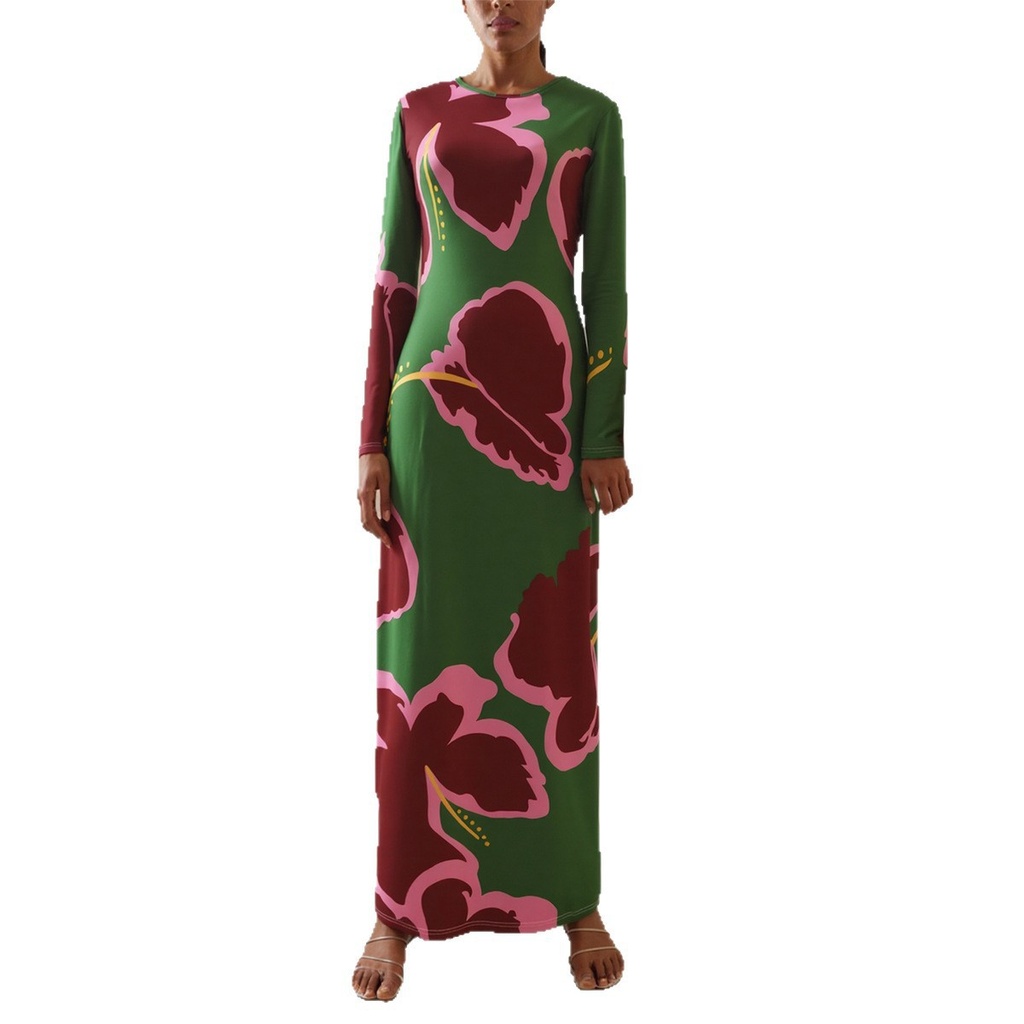 Fashion Women Bold Pink Red Flower Printed Tight Long Dress Round Neck Full Sleeve Side Split Fitted Maxi Dress For Evening Gown #6