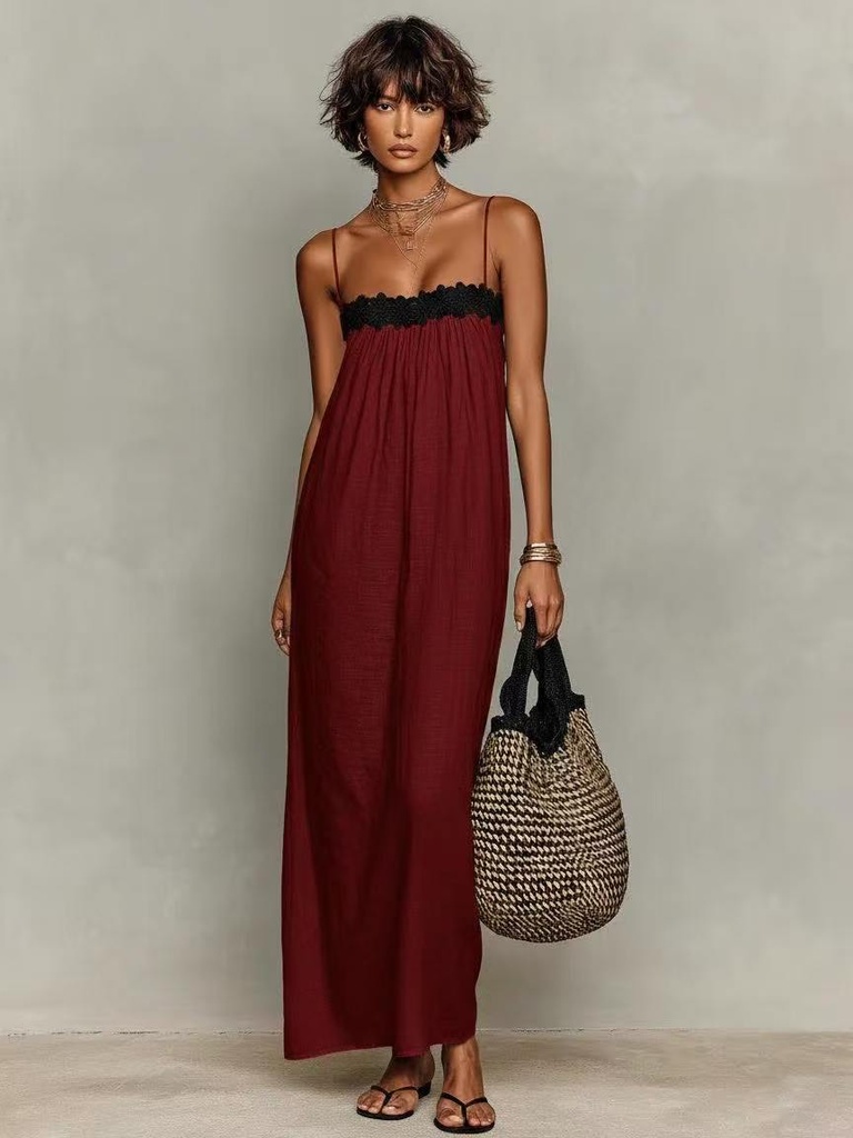 Women's Summer Boho Maxi Dress Spaghetti Strap Lace Patchwork Loose Beach Sundress Casual Vacation Long Dresses #2