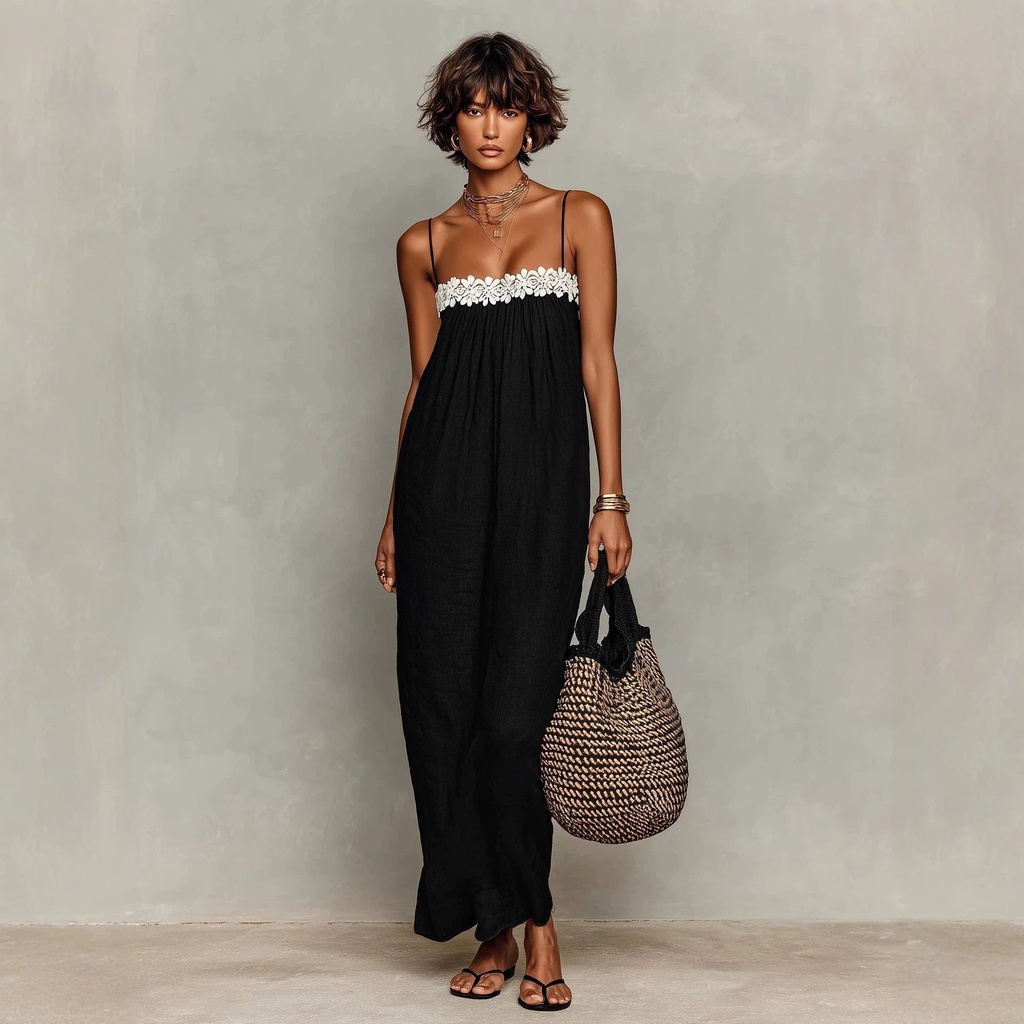 Women's Summer Boho Maxi Dress Spaghetti Strap Lace Patchwork Loose Beach Sundress Casual Vacation Long Dresses #3