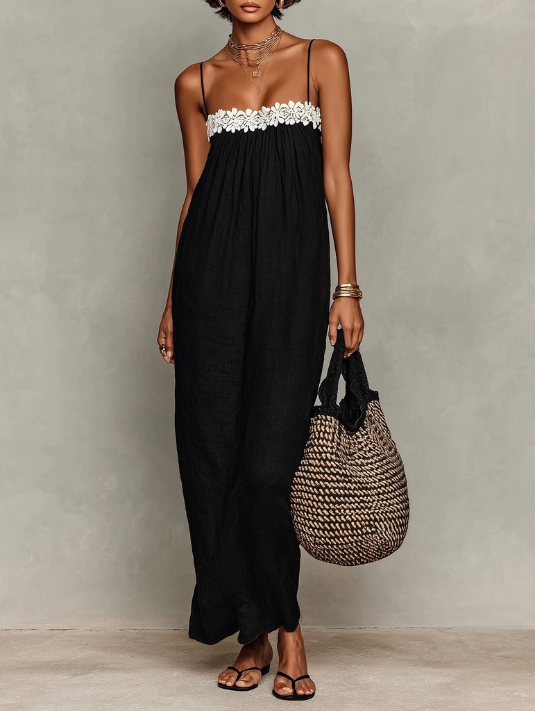 Women's Summer Boho Maxi Dress Spaghetti Strap Lace Patchwork Loose Beach Sundress Casual Vacation Long Dresses #6