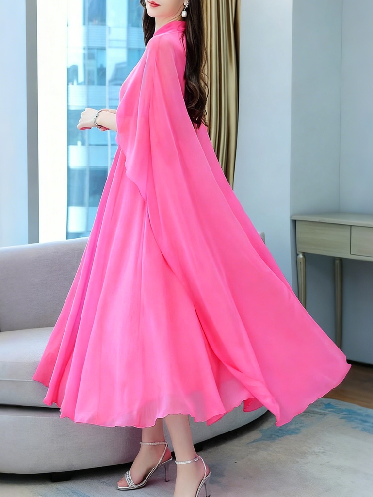 Rose Red Stand Up Collar Chiffon Shawl Dress with Elegant and Grand Temperament, Socialite Banquet Long Dress #2