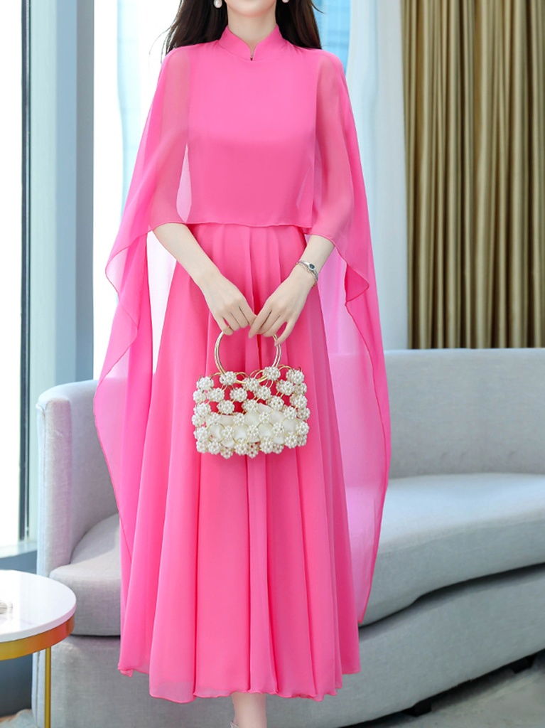 Rose Red Stand Up Collar Chiffon Shawl Dress with Elegant and Grand Temperament, Socialite Banquet Long Dress #3