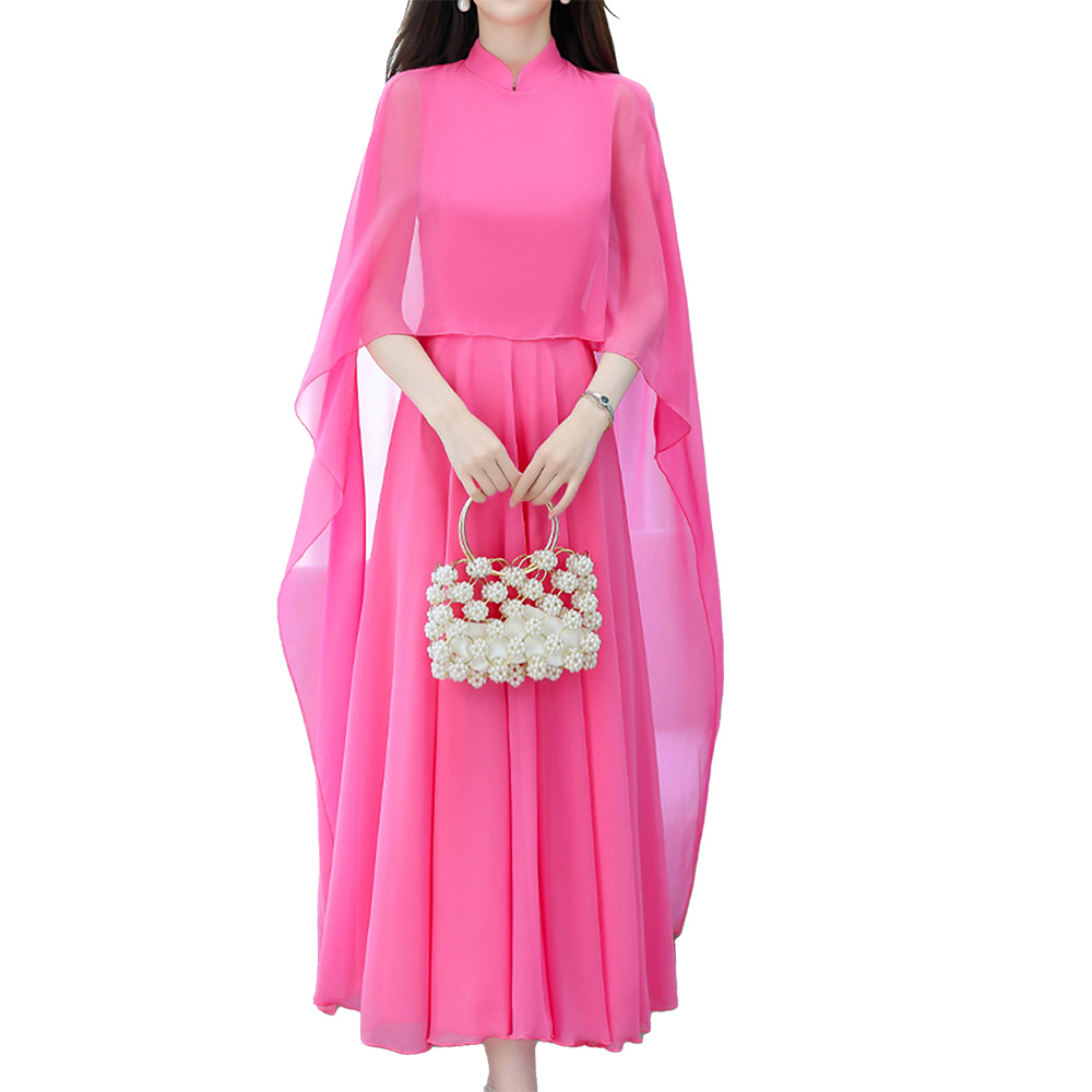Rose Red Stand Up Collar Chiffon Shawl Dress with Elegant and Grand Temperament, Socialite Banquet Long Dress #4
