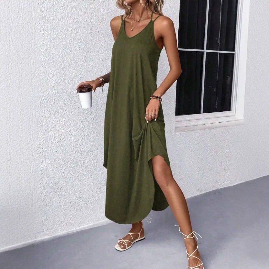 Summer V Neck Spaghetti Strap Maxi Dress For Women, Solid Draped Loose Beach Vacation Sundress #4