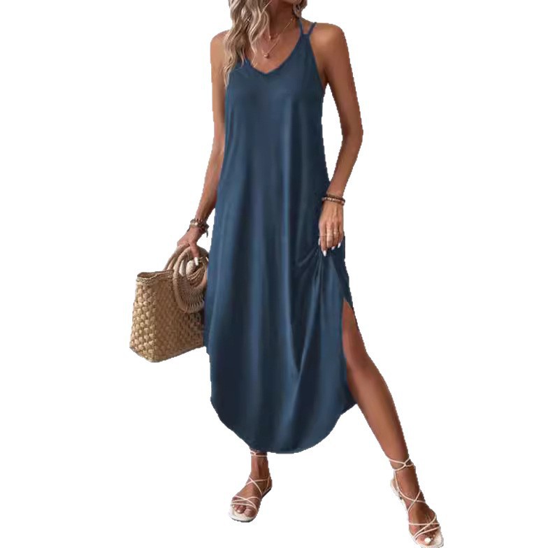 Summer V Neck Spaghetti Strap Maxi Dress For Women, Solid Draped Loose Beach Vacation Sundress #5
