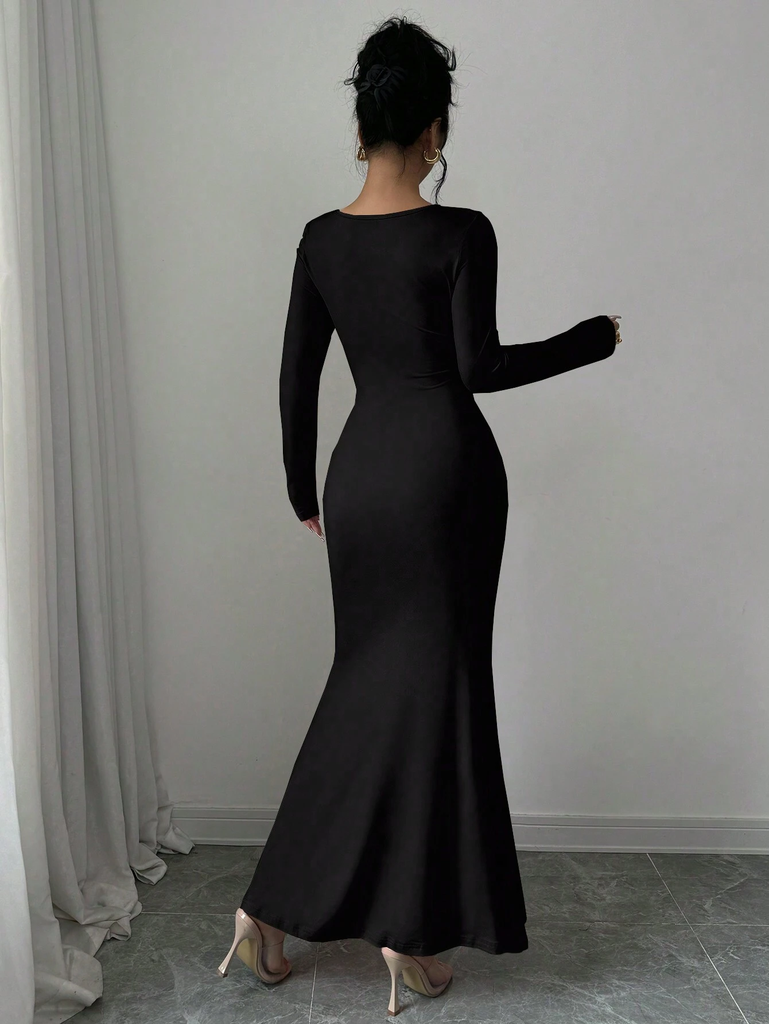 Women's Four Seasons New Style Women's Elegant Temperament Retro Solid Color Square Collar Long Sleeve Dress #3