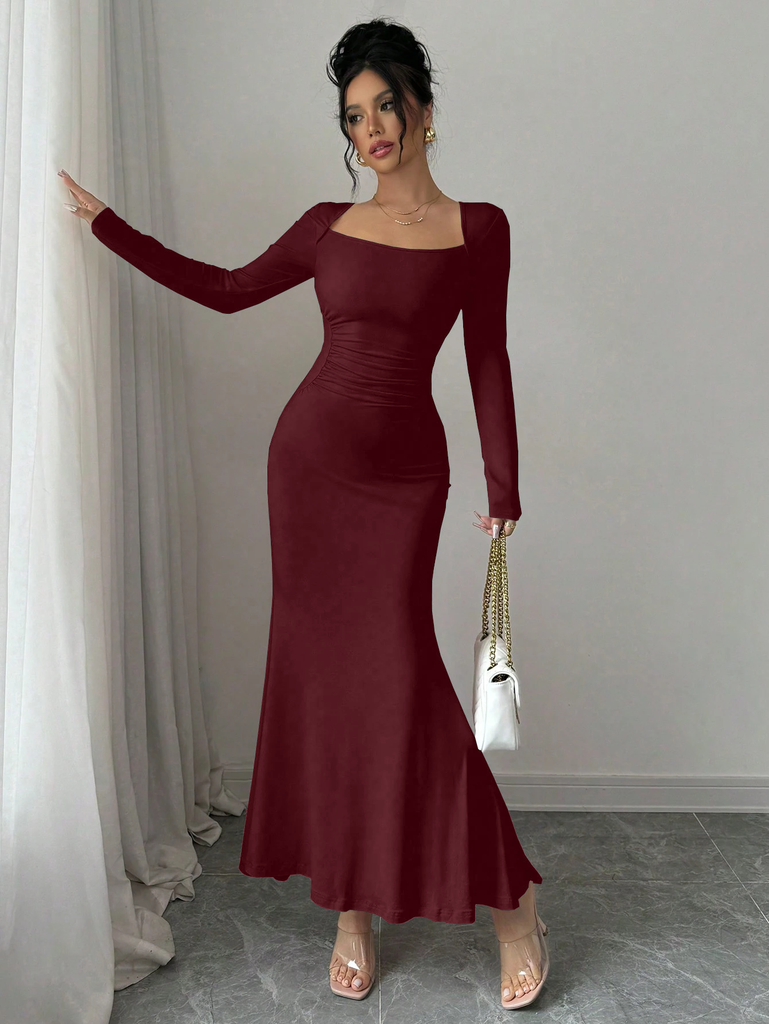 Women's Four Seasons New Style Women's Elegant Temperament Retro Solid Color Square Collar Long Sleeve Dress #5