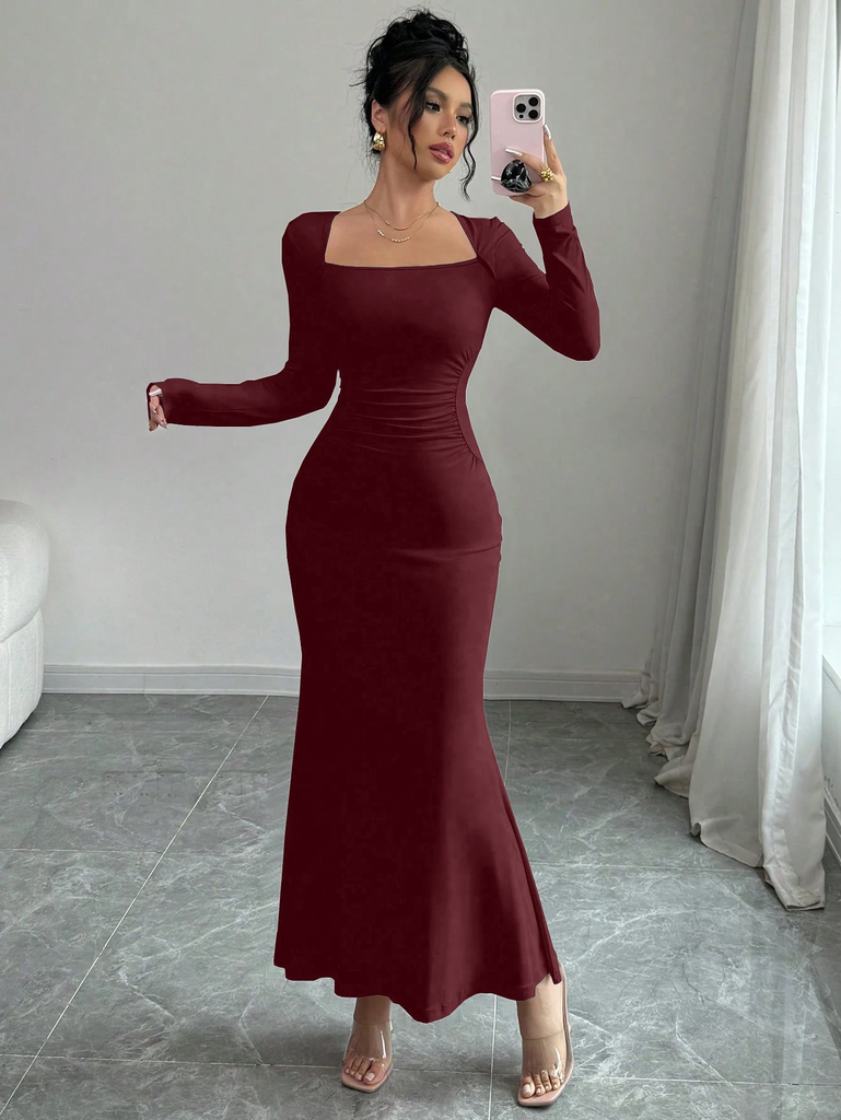 Women's Four Seasons New Style Women's Elegant Temperament Retro Solid Color Square Collar Long Sleeve Dress #6