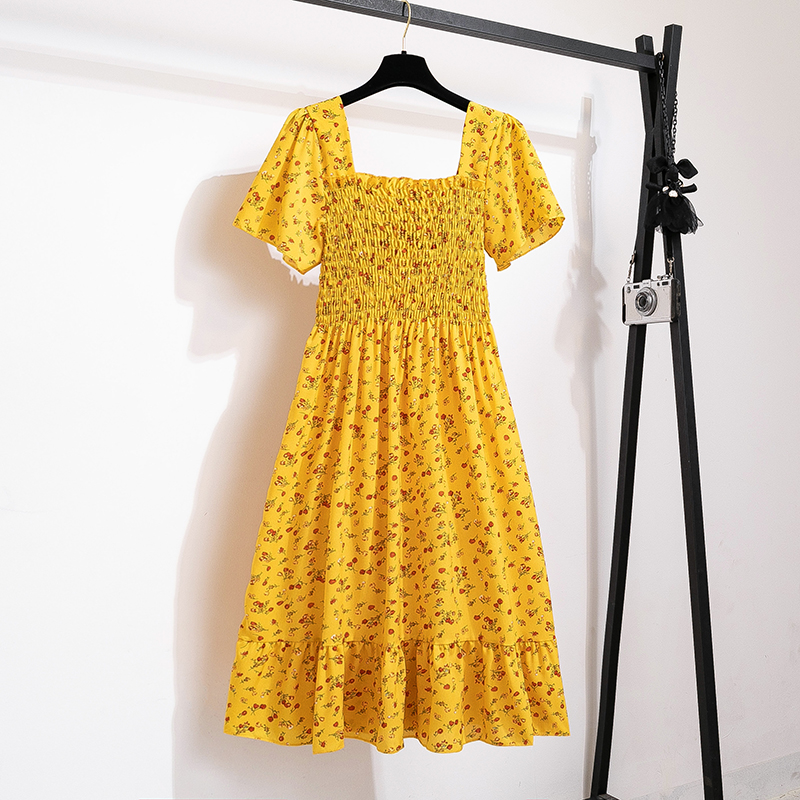 Summer Autumn Fashion Female Short Sleeve Elastic Waist Printed Floral A-line Midi Dress Women Chiffon Dresses Casual Dress #2