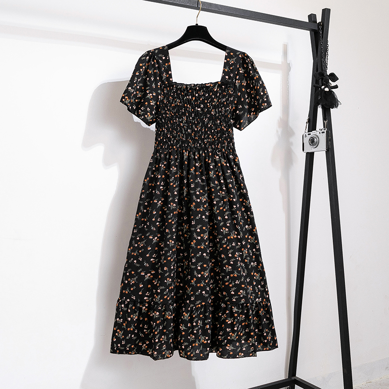 Summer Autumn Fashion Female Short Sleeve Elastic Waist Printed Floral A-line Midi Dress Women Chiffon Dresses Casual Dress #3