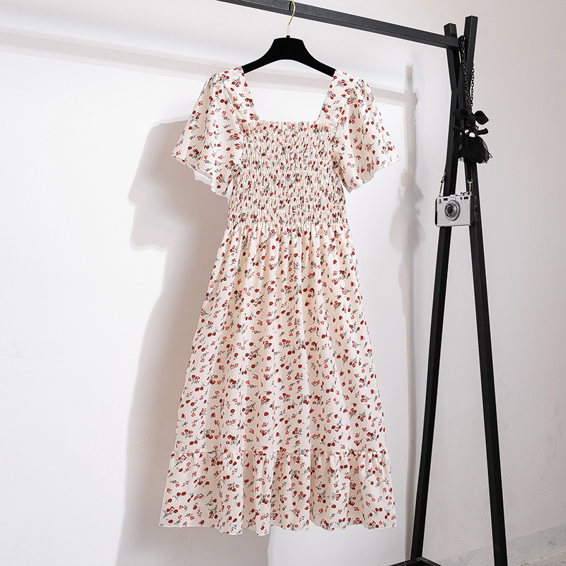 Summer Autumn Fashion Female Short Sleeve Elastic Waist Printed Floral A-line Midi Dress Women Chiffon Dresses Casual Dress #4