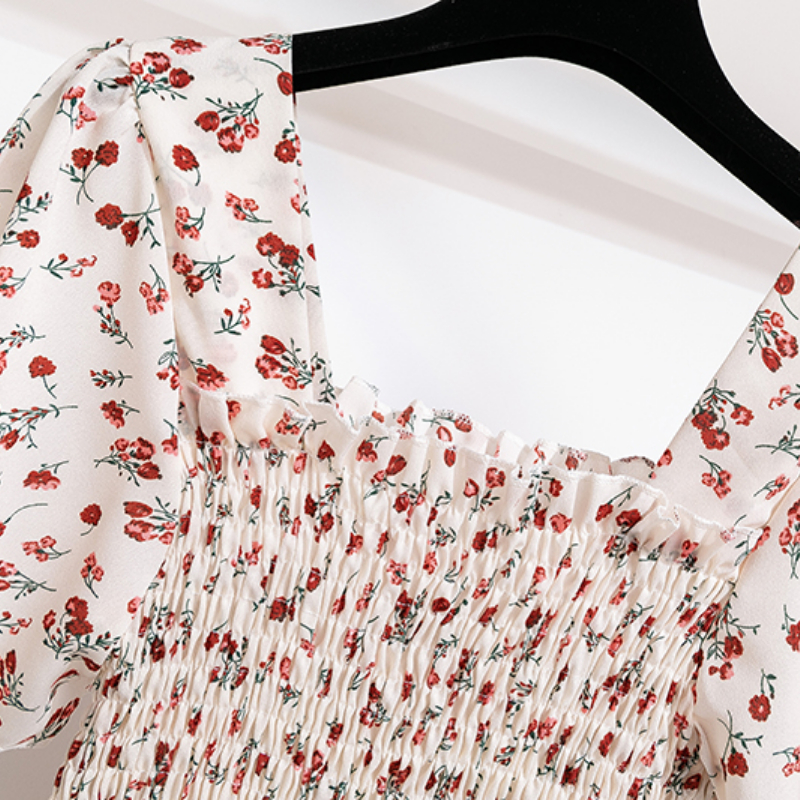 Summer Autumn Fashion Female Short Sleeve Elastic Waist Printed Floral A-line Midi Dress Women Chiffon Dresses Casual Dress #5