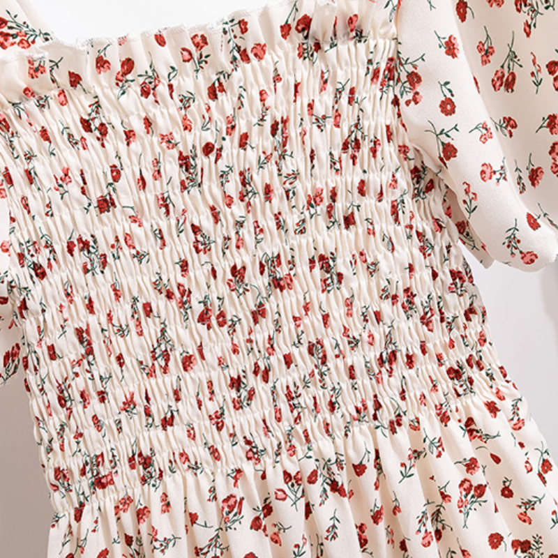 Summer Autumn Fashion Female Short Sleeve Elastic Waist Printed Floral A-line Midi Dress Women Chiffon Dresses Casual Dress #6