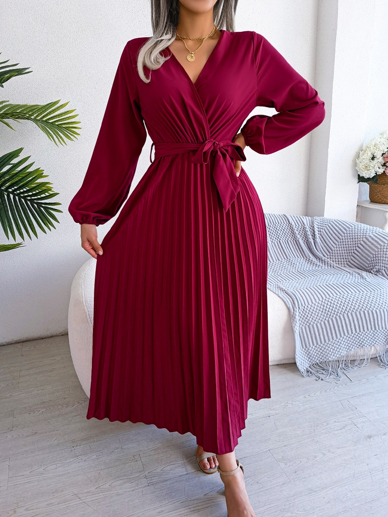 Women Elegant V Neck Long Sleeve Pleated Maxi Dress #2