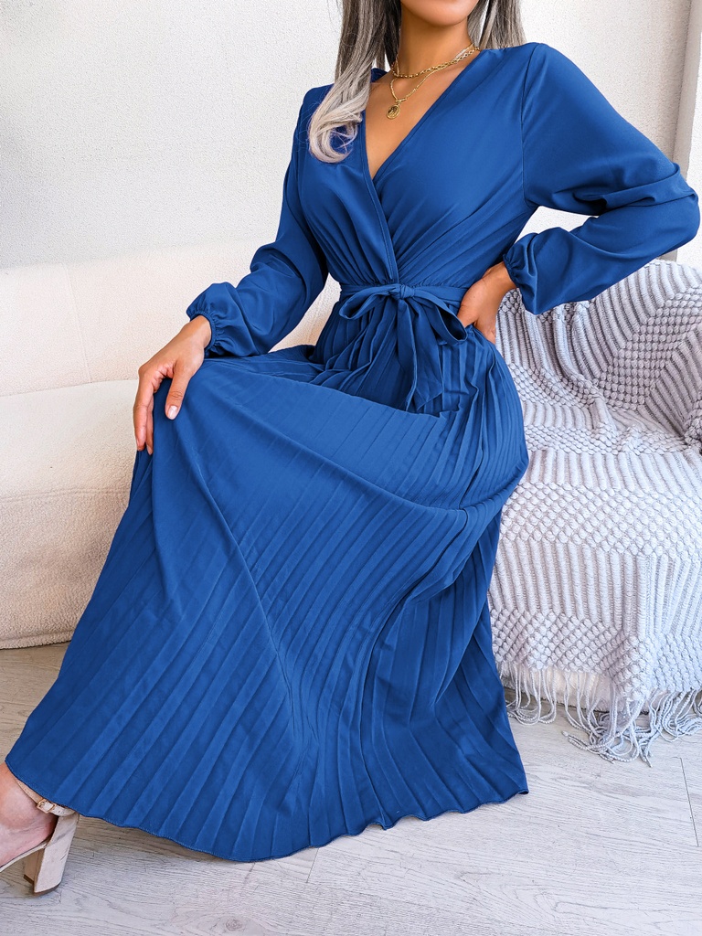 Women Elegant V Neck Long Sleeve Pleated Maxi Dress #3