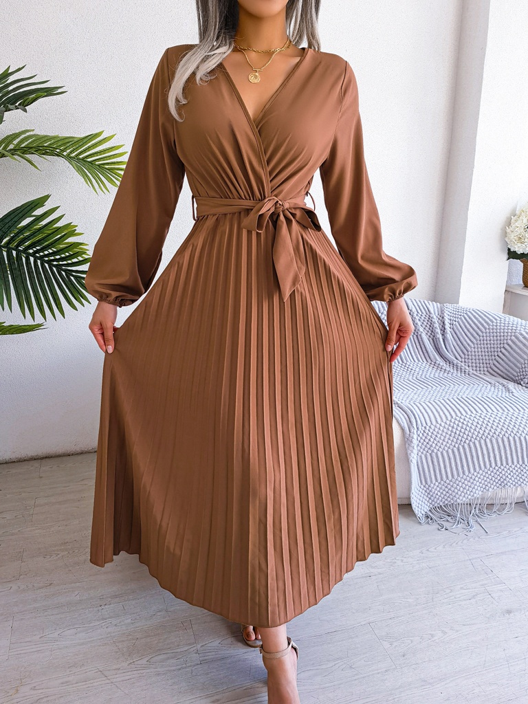 Women Elegant V Neck Long Sleeve Pleated Maxi Dress #4