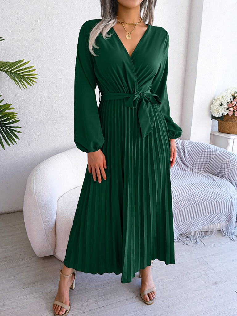 Women Elegant V Neck Long Sleeve Pleated Maxi Dress #5