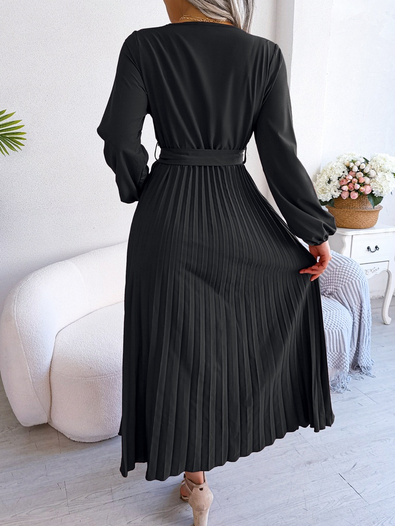 Women Elegant V Neck Long Sleeve Pleated Maxi Dress #6