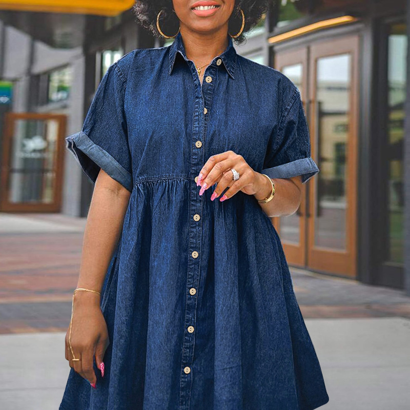 Spring/summer Plus-size Denim Dress. New Girly Style Loose and Comfortable Casual Lapel Denim Short Sleeve Elastic Shaggy Dress #3