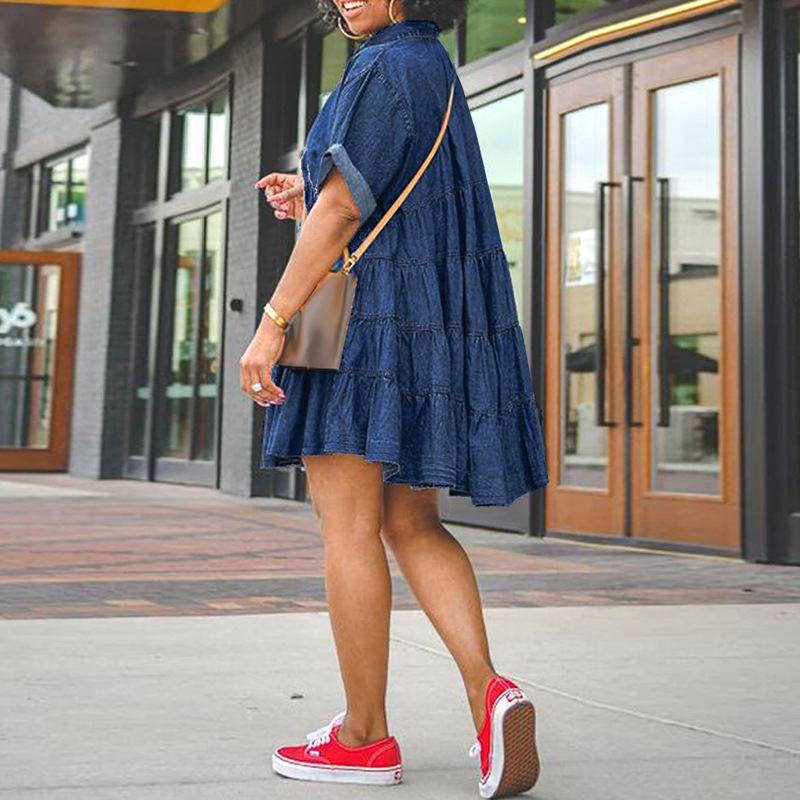 Spring/summer Plus-size Denim Dress. New Girly Style Loose and Comfortable Casual Lapel Denim Short Sleeve Elastic Shaggy Dress #4
