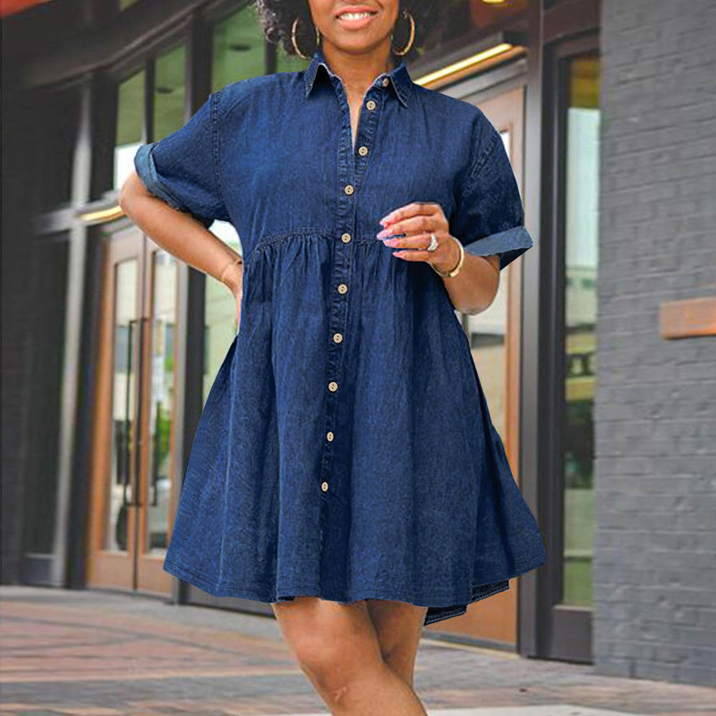 Spring/summer Plus-size Denim Dress. New Girly Style Loose and Comfortable Casual Lapel Denim Short Sleeve Elastic Shaggy Dress #5