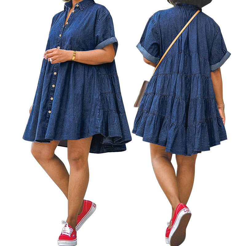 Spring/summer Plus-size Denim Dress. New Girly Style Loose and Comfortable Casual Lapel Denim Short Sleeve Elastic Shaggy Dress #6