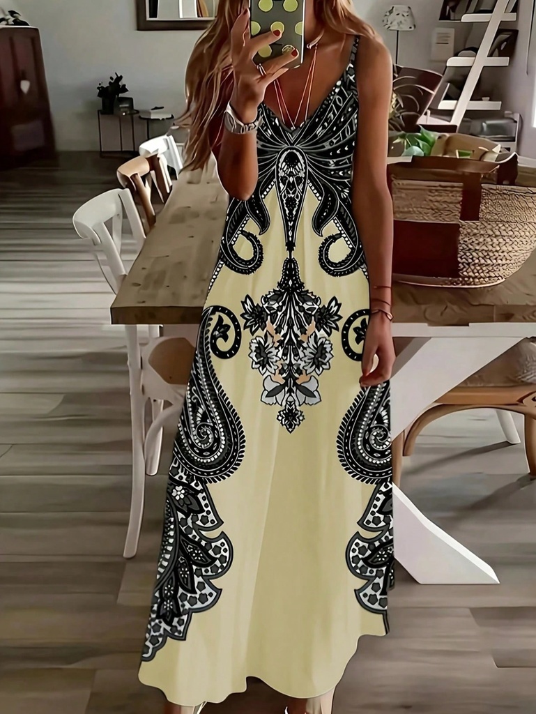 2024 Cross border New Flower Printed V-neck Strap Dress with Exotic Bohemian Vacation Style Elegant Long Style #3