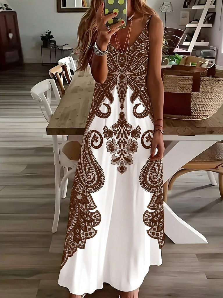 2024 Cross border New Flower Printed V-neck Strap Dress with Exotic Bohemian Vacation Style Elegant Long Style #4