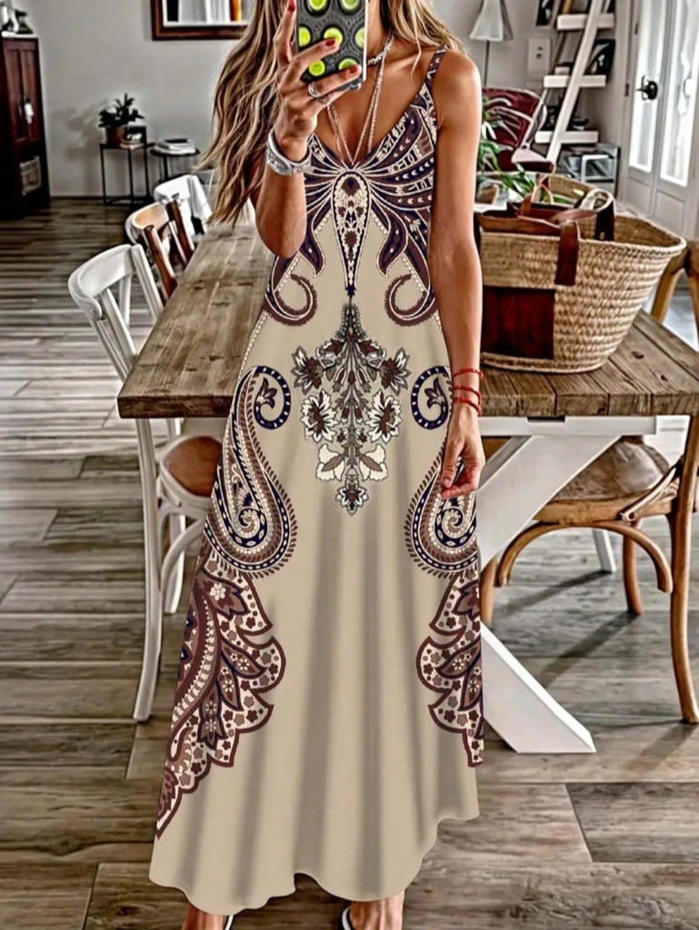 2024 Cross border New Flower Printed V-neck Strap Dress with Exotic Bohemian Vacation Style Elegant Long Style #5