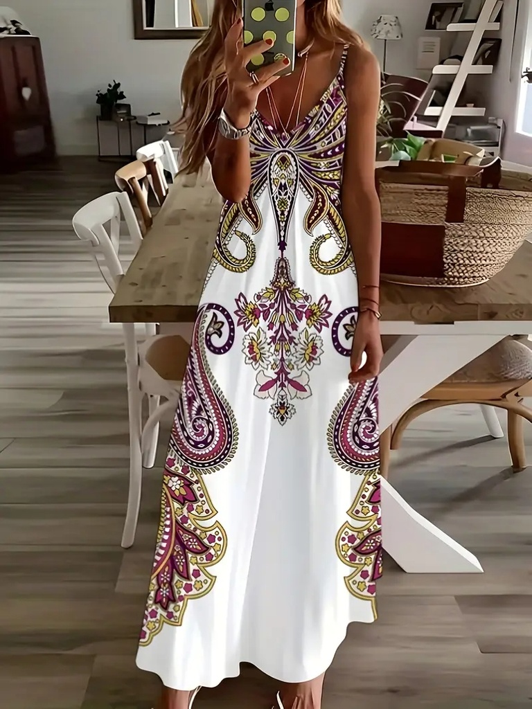 2024 Cross border New Flower Printed V-neck Strap Dress with Exotic Bohemian Vacation Style Elegant Long Style #6