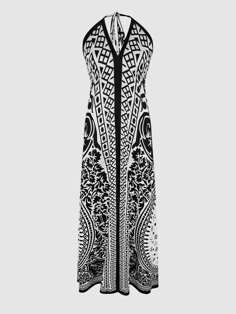 Women's Boho Print Maxi Dress Halter Neck Backless Loose Fit Asymmetric Hem Summer Beach Sundress #2