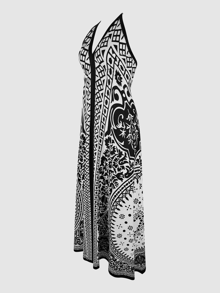 Women's Boho Print Maxi Dress Halter Neck Backless Loose Fit Asymmetric Hem Summer Beach Sundress #3