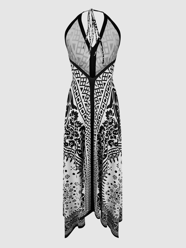 Women's Boho Print Maxi Dress Halter Neck Backless Loose Fit Asymmetric Hem Summer Beach Sundress #4