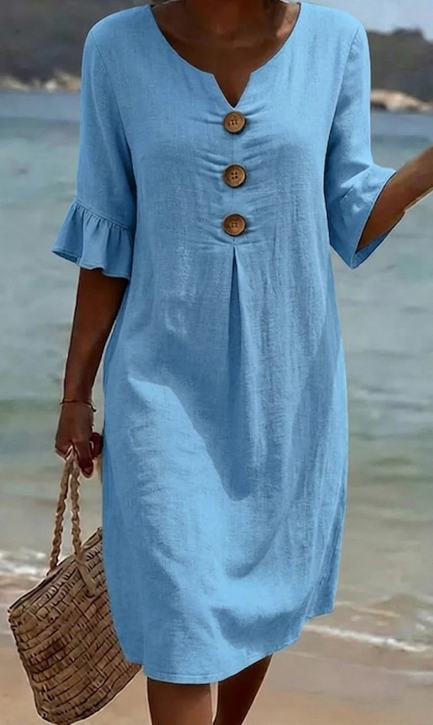 2026 Amazon European and American Cross-Border Spring and Summer New Cotton and Linen V-Neck Dress with Large Buttons and Ruffle #2
