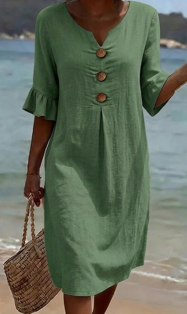 2026 Amazon European and American Cross-Border Spring and Summer New Cotton and Linen V-Neck Dress with Large Buttons and Ruffle #3