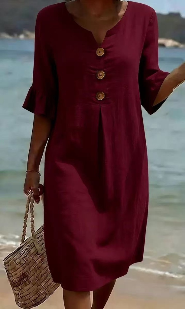 2026 Amazon European and American Cross-Border Spring and Summer New Cotton and Linen V-Neck Dress with Large Buttons and Ruffle #5