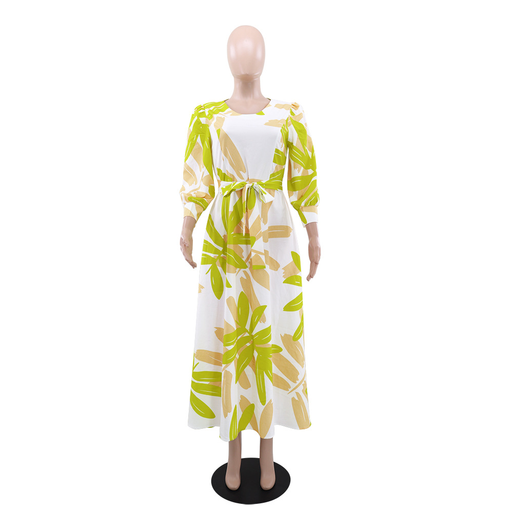 Women's Leaf Printed Maxi Dresses New Long Sleeve Waist Tie O-Neck Spring Summer Fashion Loose Female Casual Dress 2025 #2