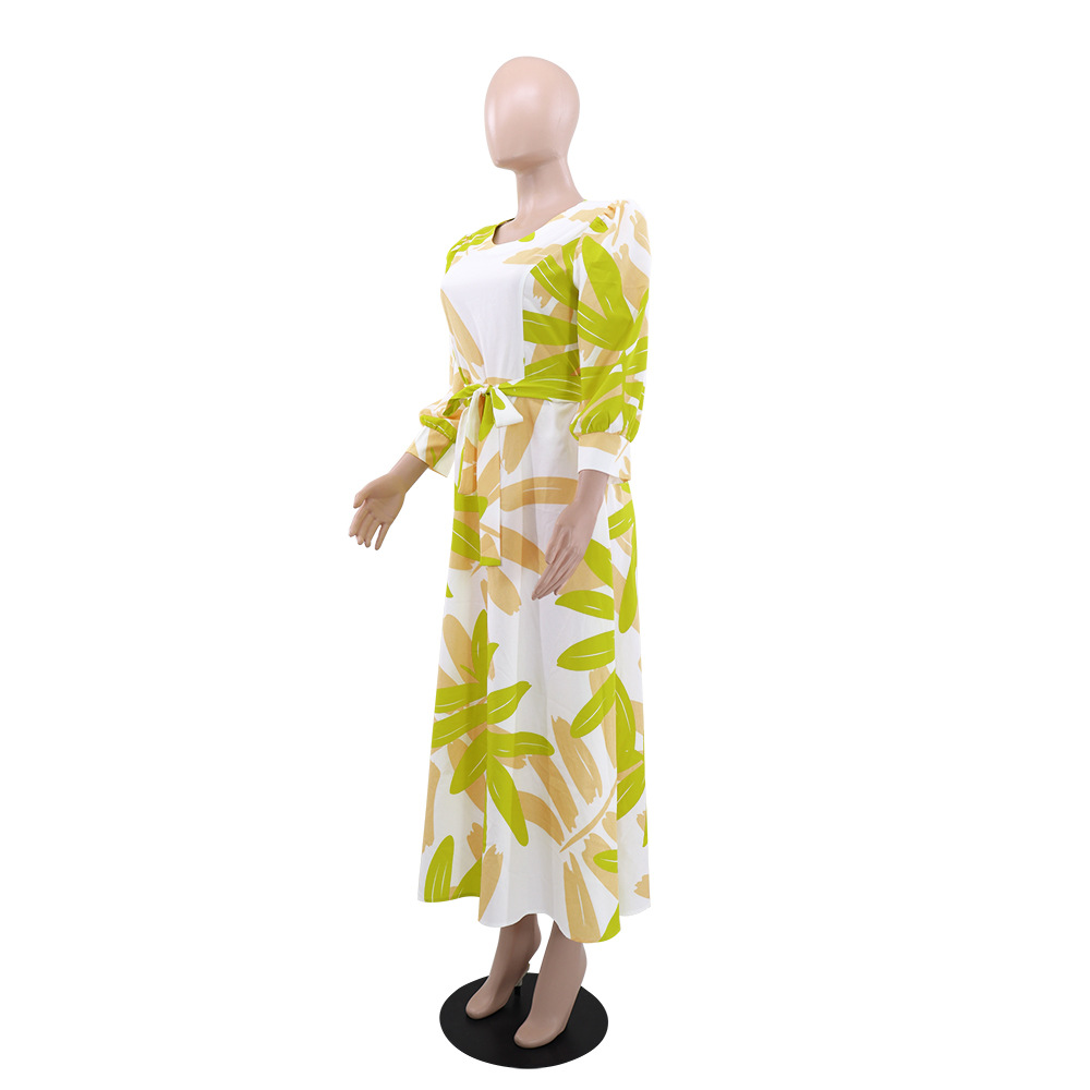 Women's Leaf Printed Maxi Dresses New Long Sleeve Waist Tie O-Neck Spring Summer Fashion Loose Female Casual Dress 2025 #3