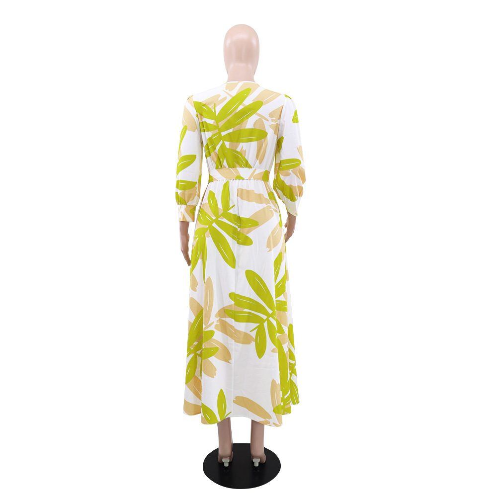 Women's Leaf Printed Maxi Dresses New Long Sleeve Waist Tie O-Neck Spring Summer Fashion Loose Female Casual Dress 2025 #4