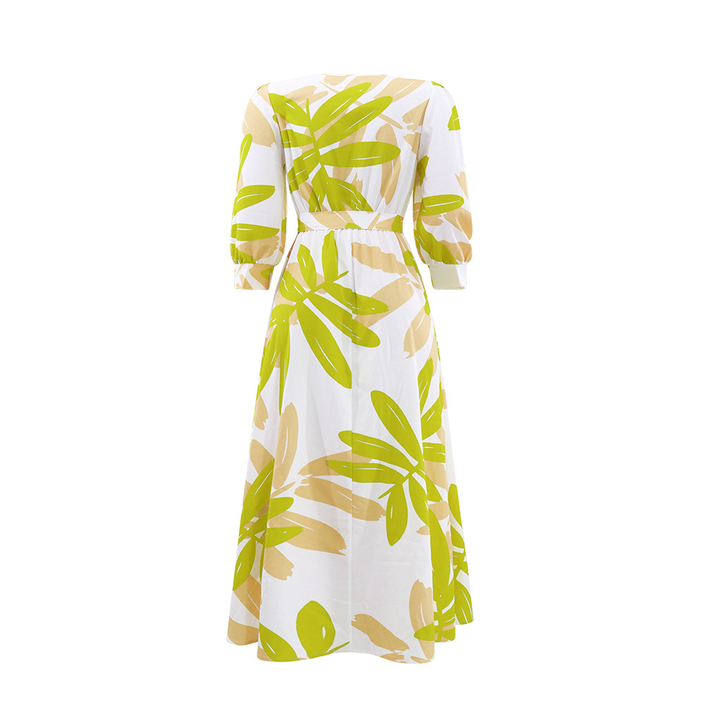 Women's Leaf Printed Maxi Dresses New Long Sleeve Waist Tie O-Neck Spring Summer Fashion Loose Female Casual Dress 2025 #6