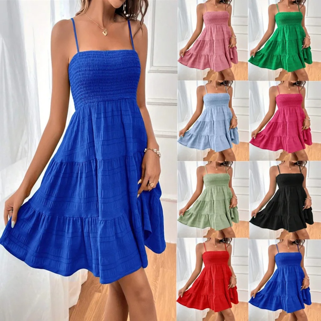 Women's Fashion Spaghetti Strap Smocked Bustier Mini Dress Blue Ruffled Tiered Swing Dress Summer Casual Vacation Beach Wear #2