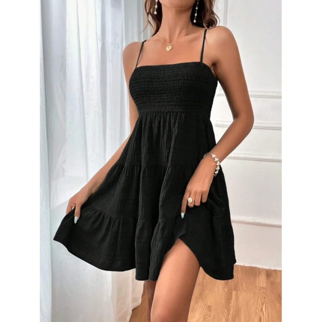 Women's Fashion Spaghetti Strap Smocked Bustier Mini Dress Blue Ruffled Tiered Swing Dress Summer Casual Vacation Beach Wear #3