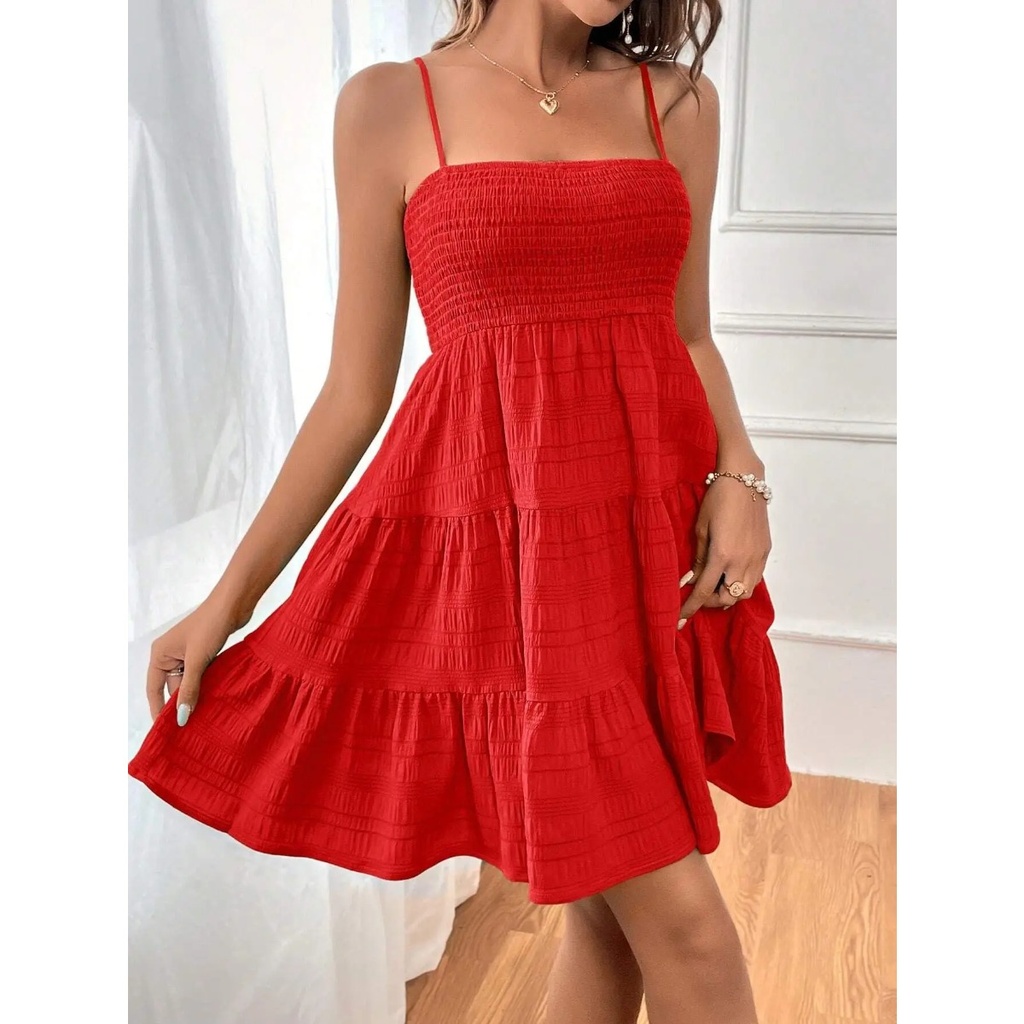 Women's Fashion Spaghetti Strap Smocked Bustier Mini Dress Blue Ruffled Tiered Swing Dress Summer Casual Vacation Beach Wear #5