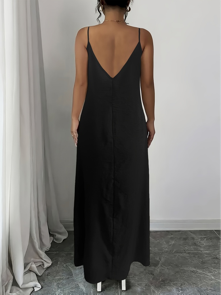 Women Solid Color V Neck Spaghetti Strap Long Dress Casual Loose Sleeveless Summer Maxi Dress Standard Size #2