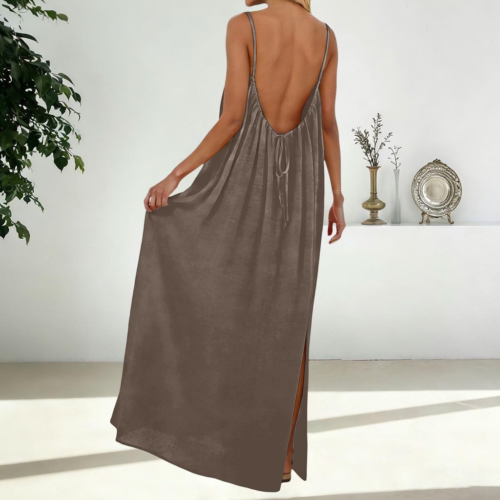 2026 Women's Sleeveless Slit  Casual Dresses Summer Backless Boho Chic Loose Fit Spaghetti Strap Maxi Long Dress Abaya #2