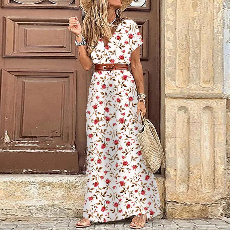 Women's 2023 Floral Summer Dress Wrap V Neck Short Sleeve Belted Ruffle Hem Bohemian Maxi Sun Dresses with Belt A Black #2