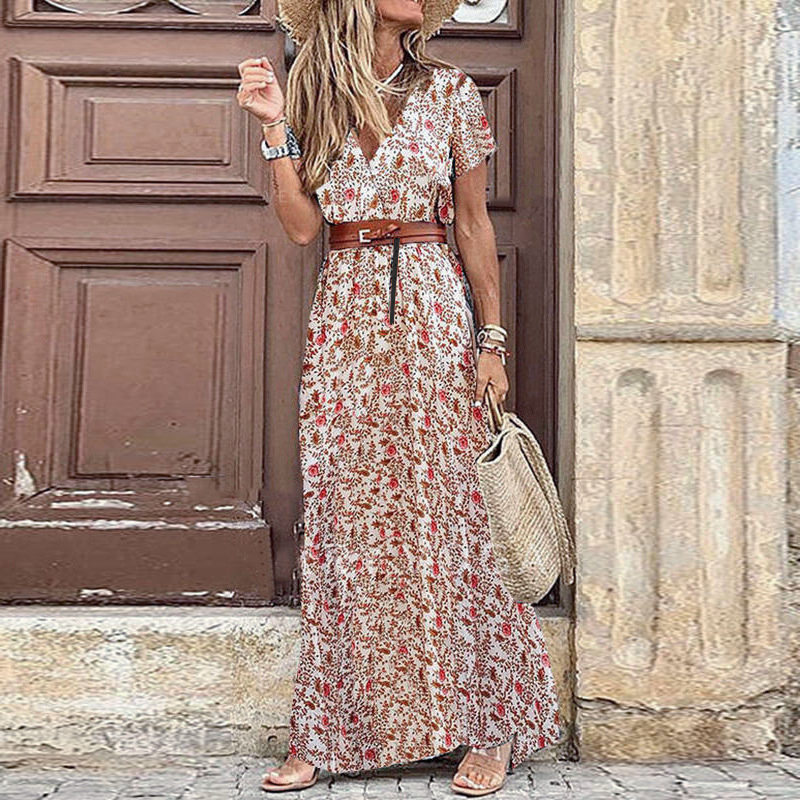 Women's 2023 Floral Summer Dress Wrap V Neck Short Sleeve Belted Ruffle Hem Bohemian Maxi Sun Dresses with Belt A Black #4
