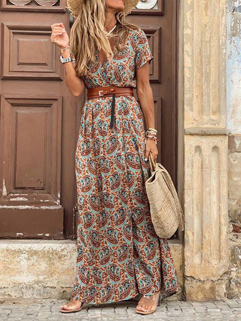 Women's 2023 Floral Summer Dress Wrap V Neck Short Sleeve Belted Ruffle Hem Bohemian Maxi Sun Dresses with Belt A Black #5